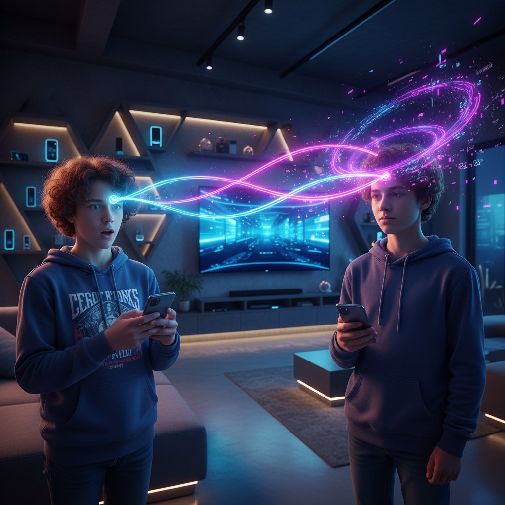 Teenagers holding phones, digital glow suggesting mind swap, modern interior, streaming themes
