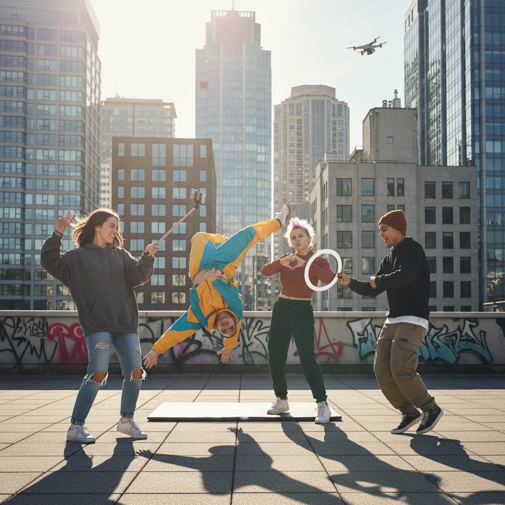 Młodzież nagrywająca TikToka na tle miejskiej architektury, dynamiczne gesty