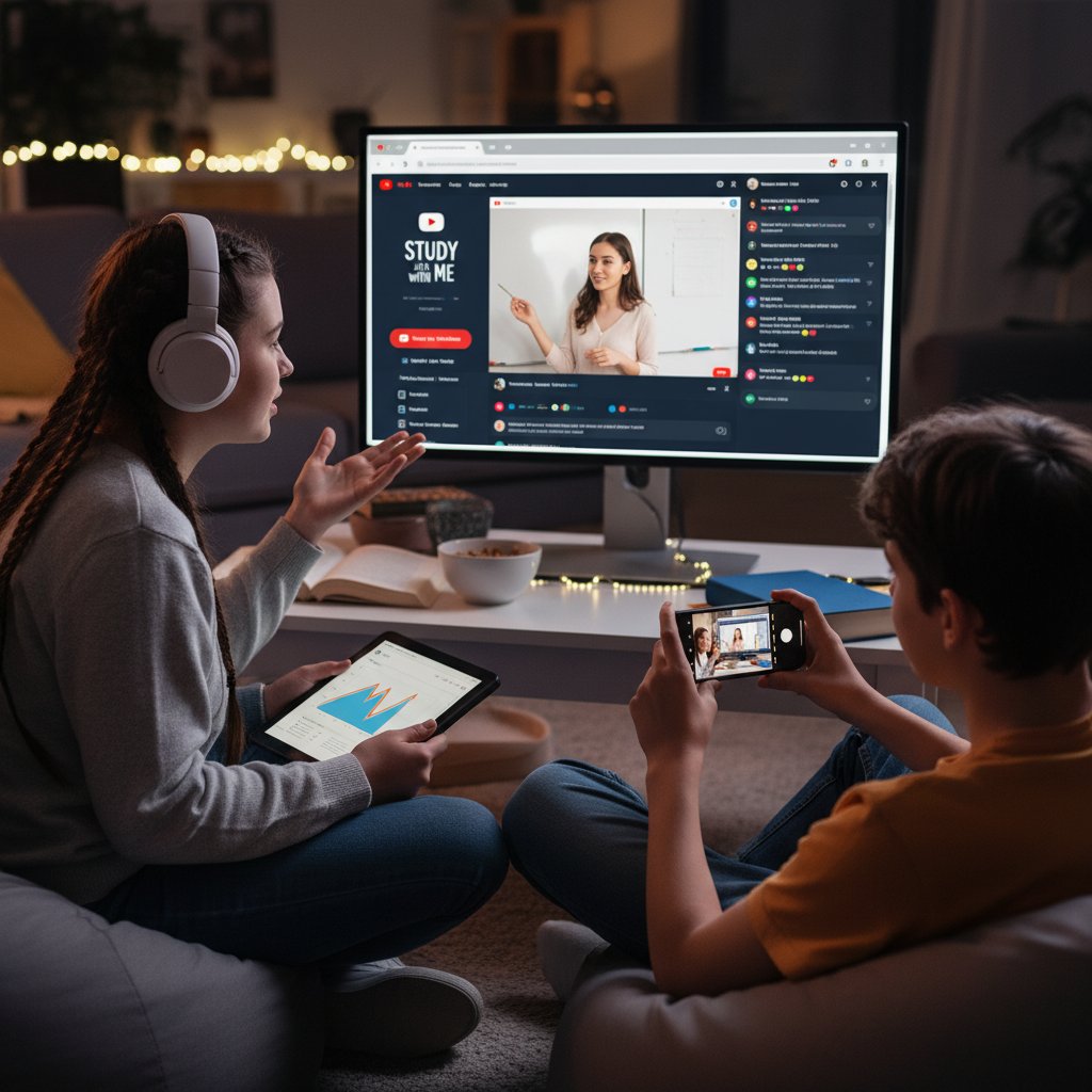 Młodzież oglądająca tutoriale maturalne na smartfonach i laptopach, luźna atmosfera nauki