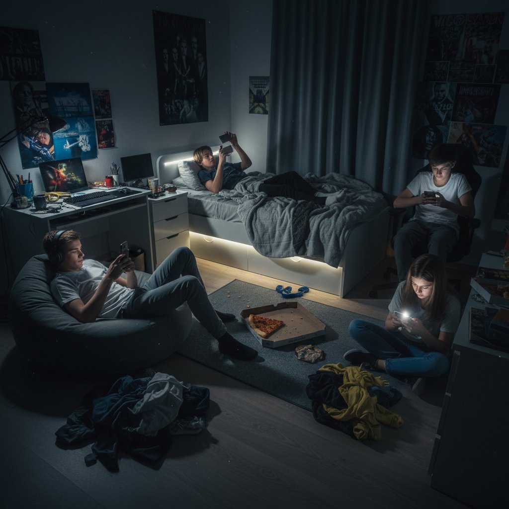 Młodzież oglądająca smartfony w łóżku, światło ekranów, wieczór, polskie mieszkanie