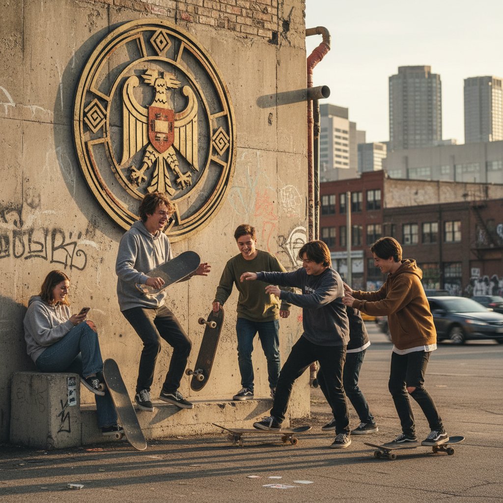 Młodzież ze skateboardami, jeden z subtelnym symbolem narodowym, urbanistyczne tło, autentyczność