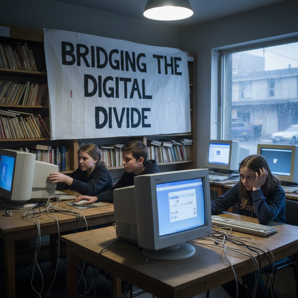 Młodzież z różnych środowisk przy komputerach o zmiennym poziomie zaawansowania sprzętu