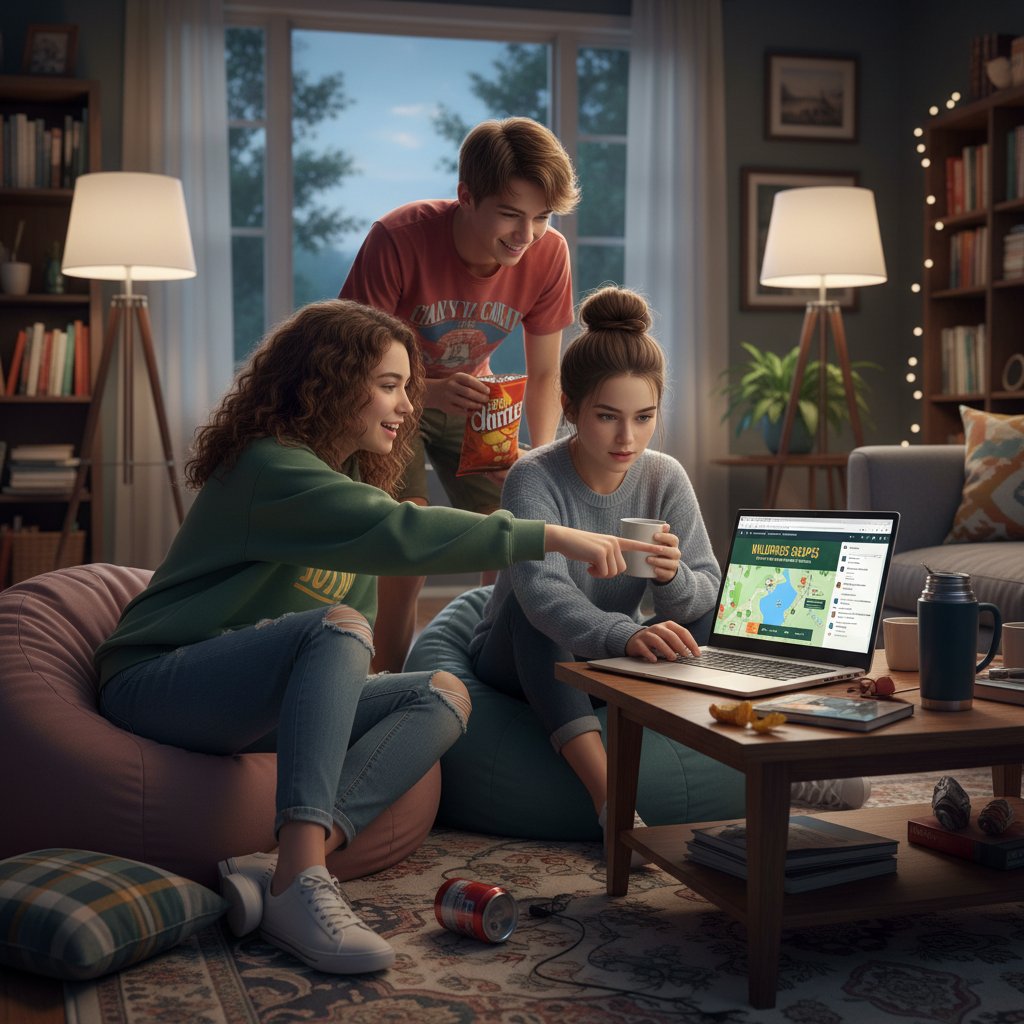 Nastolatki szukające ofert campingu online na laptopie