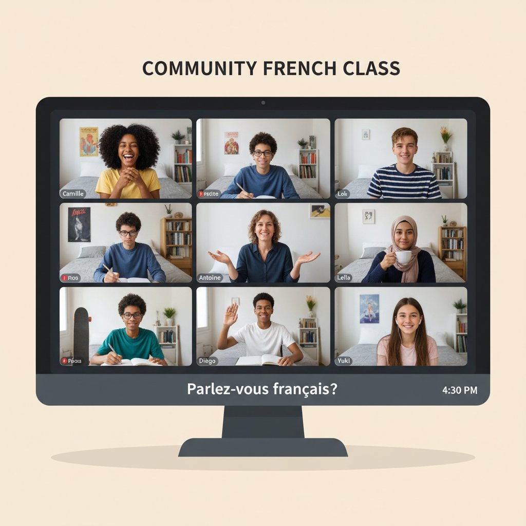 Młodzież rozmawia online podczas lekcji francuskiego, ekrany i komunikatory