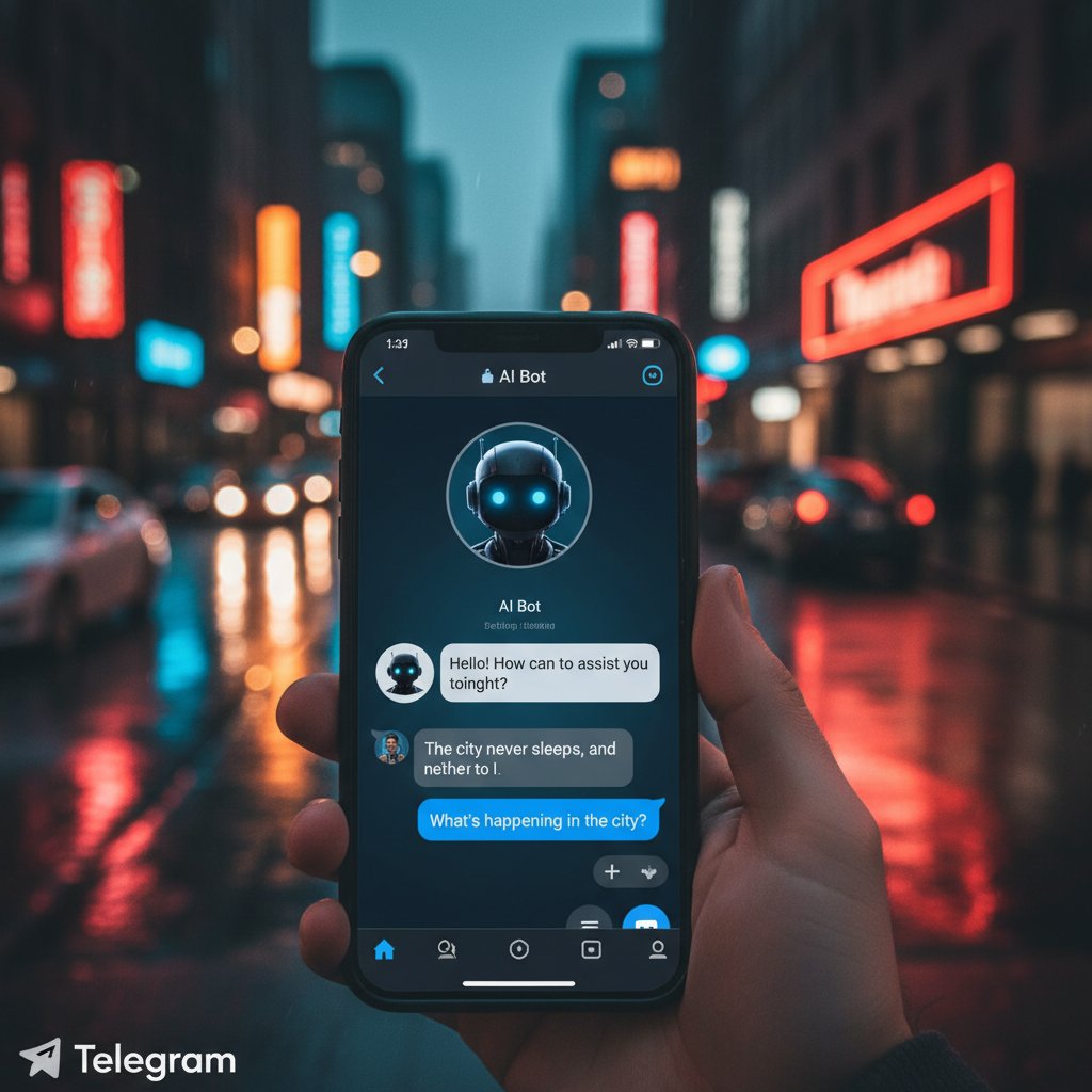 Użytkownik Telegram AI bot, nowoczesne miasto nocą