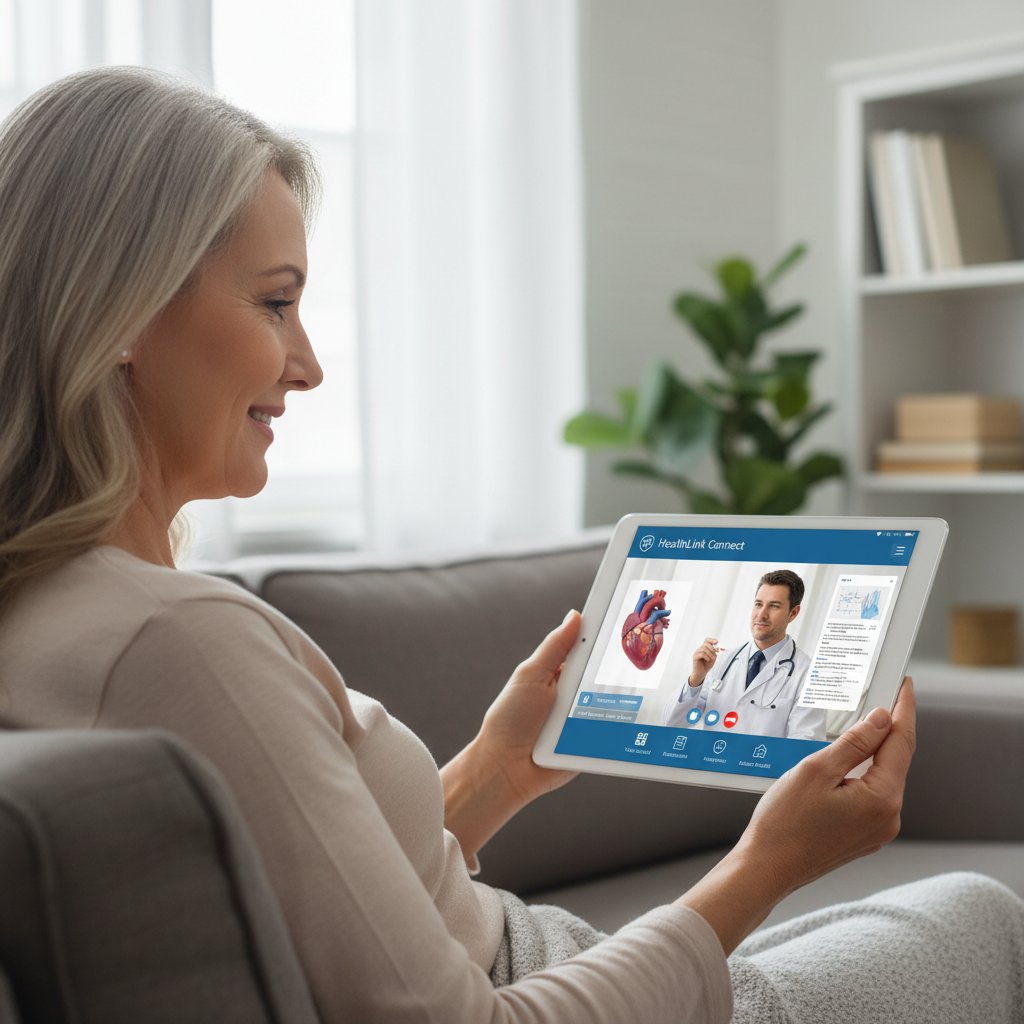 Pacjent i lekarz w wideokonsultacji, komputer z aplikacją medyczną na ekranie