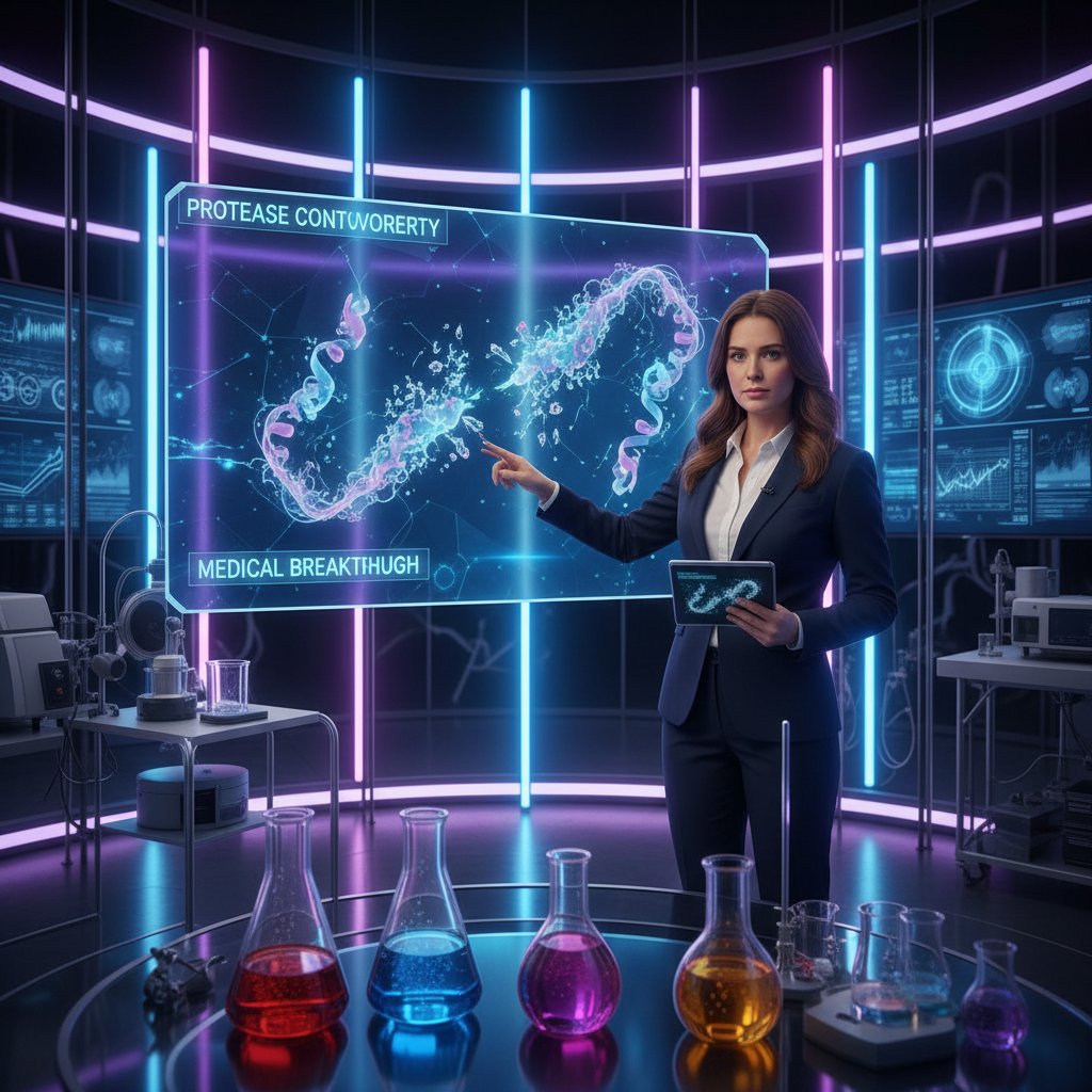 Zdjęcie prezentera w studiu telewizyjnym, na ekranie za nim wyświetlone hasło „Proteaza – kontrowersje i przełomy w nauce”