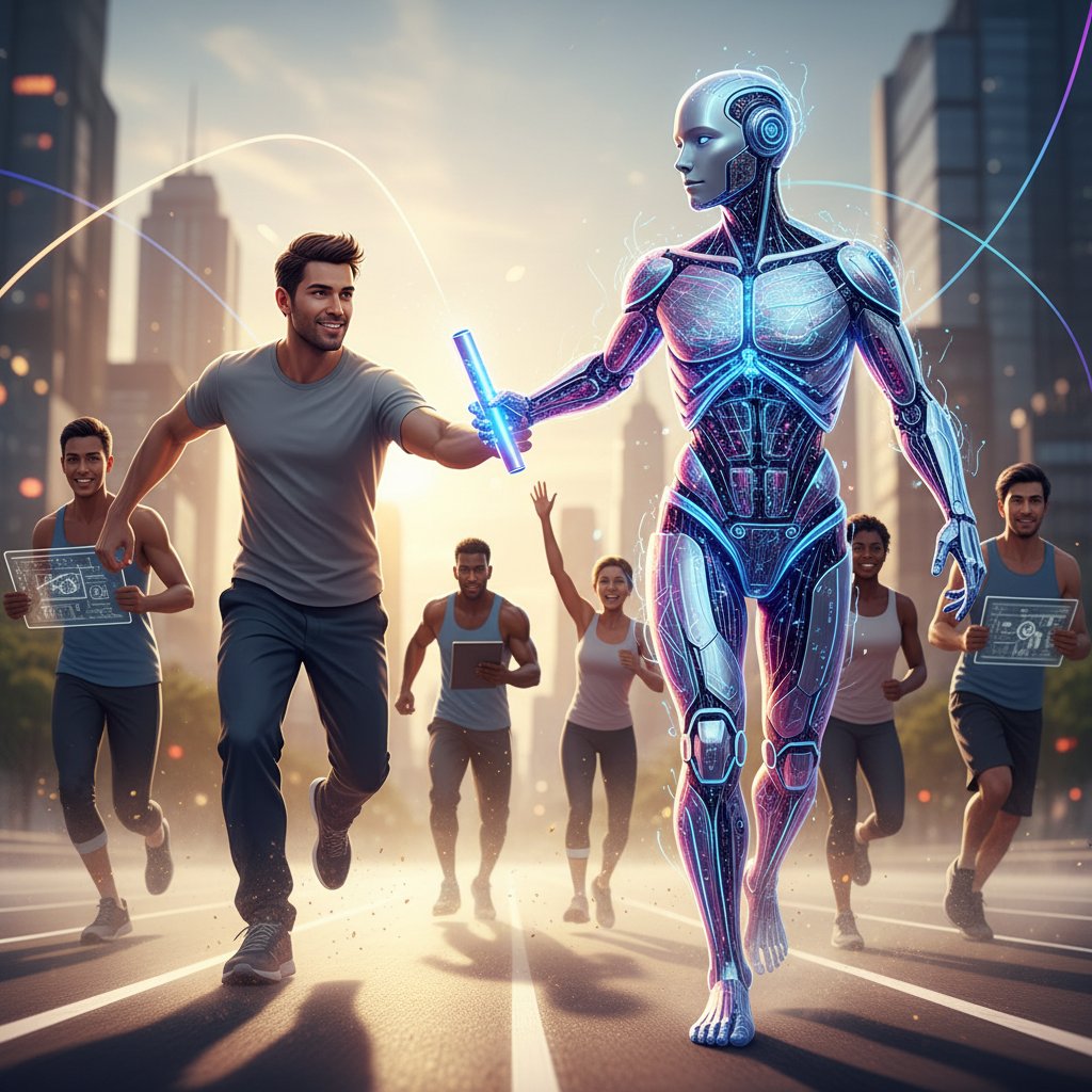 AI and human hands passing a baton in dynamic enterprise teamwork, temp support AI revolution