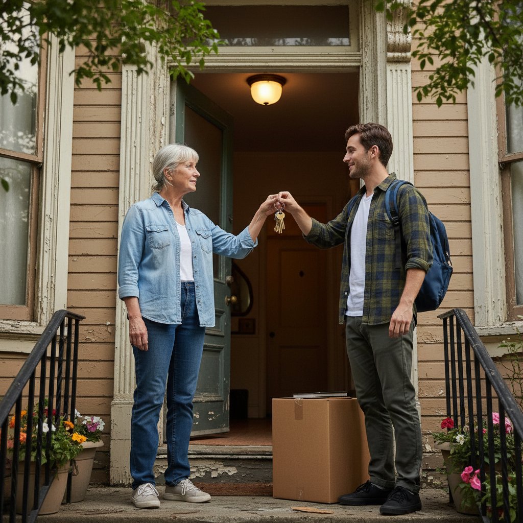 Młoda para najemców i starszy wynajmujący, wymiana kluczy, mieszane emocje
