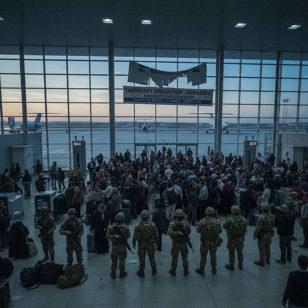 Dramatic tense airport scene at dawn with crowd waiting for consulate evacuation flight, consular banner visible