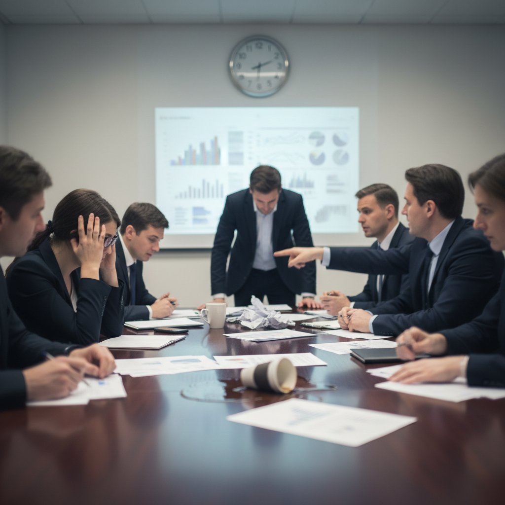 Blurry, tense boardroom with confused participants during a disastrous meeting