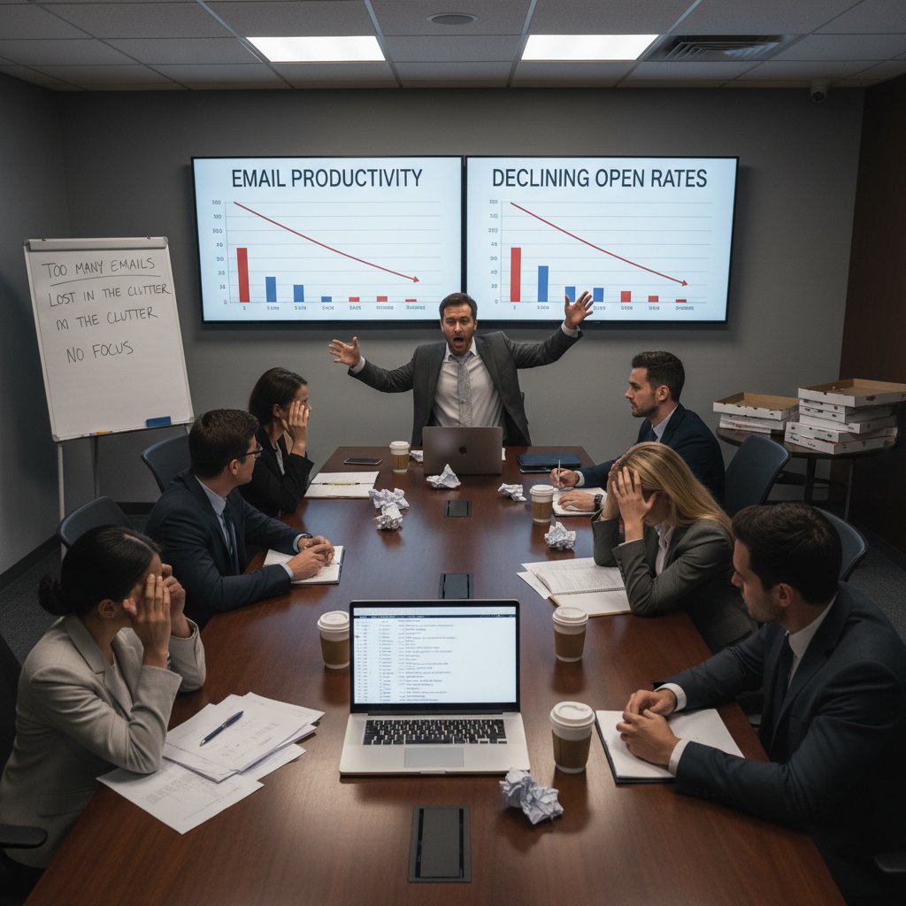 Tense boardroom scene with frustrated employees and charts, symbolizing failed enterprise email productivity rollout