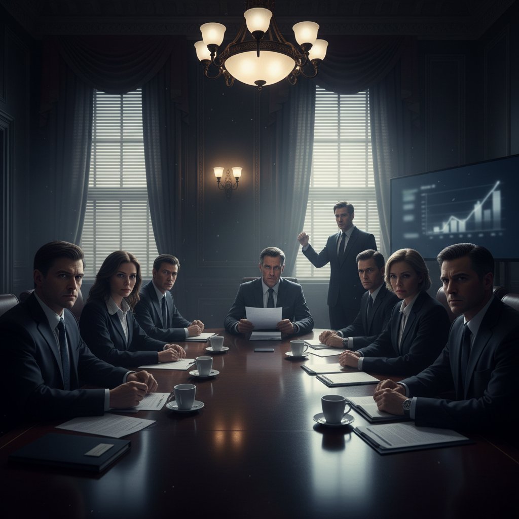 Tense boardroom with shadows, political thriller mood