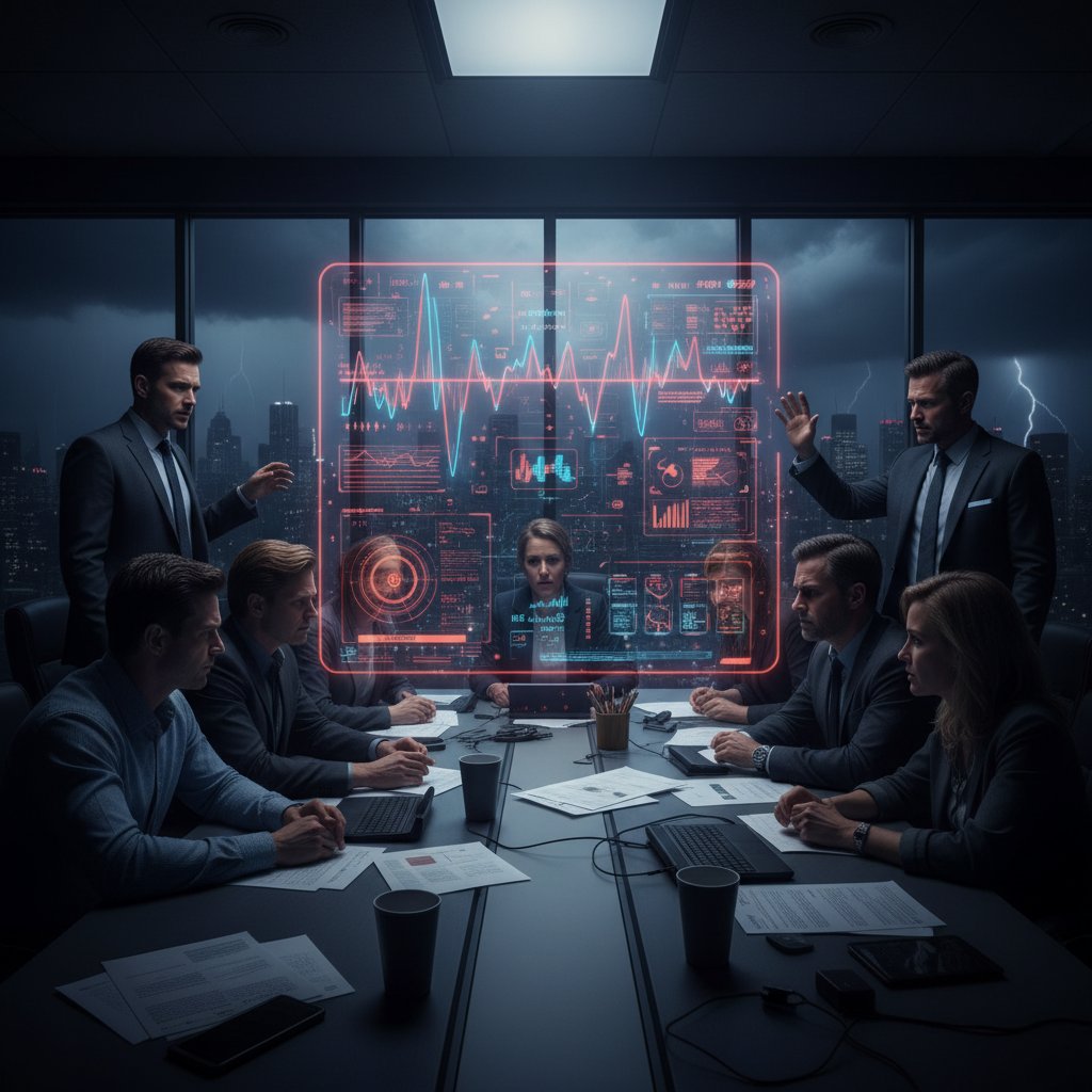 Team faces crisis in boardroom, digital AI interface visible, illustrating the stakes of enterprise AI communication tools software