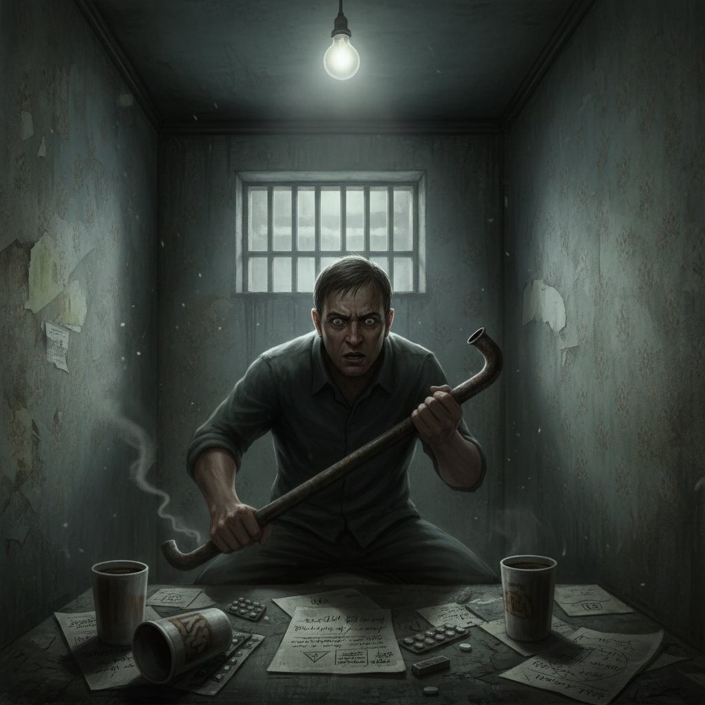 Close-up of a tense character in dim lighting, eyes darting, uncertainty in the air, psychological thriller vibes