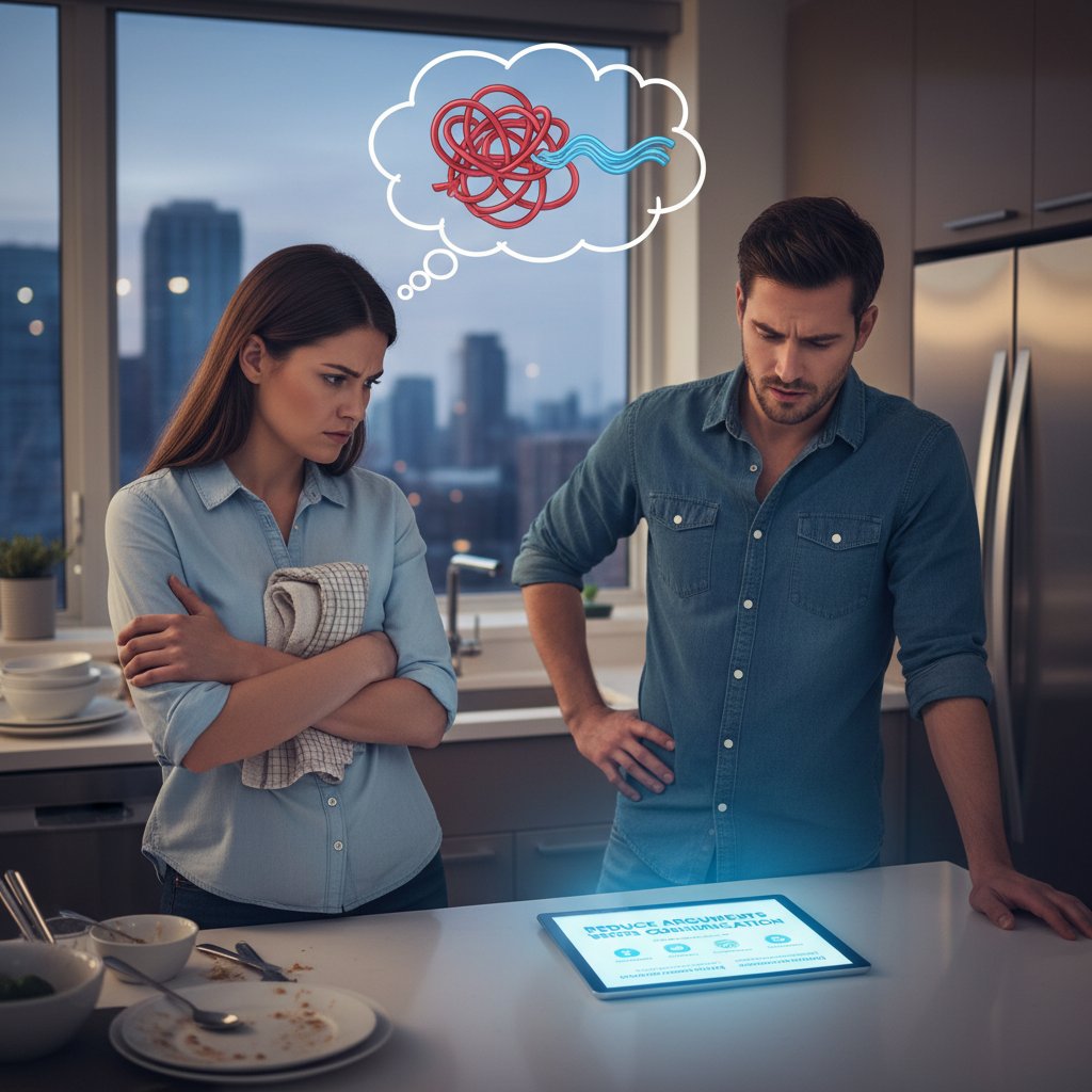 A tense couple in a small kitchen talking past each other, visible conflict and body language, reducing arguments with better communication