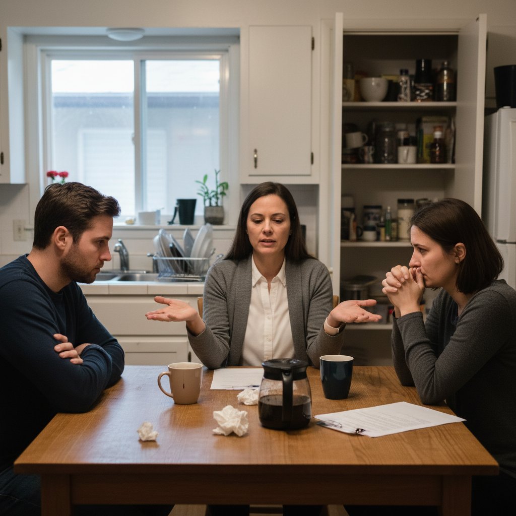 A tense couple sitting at a kitchen table, low-key lighting with split shadow, representing relationship conflict mediation