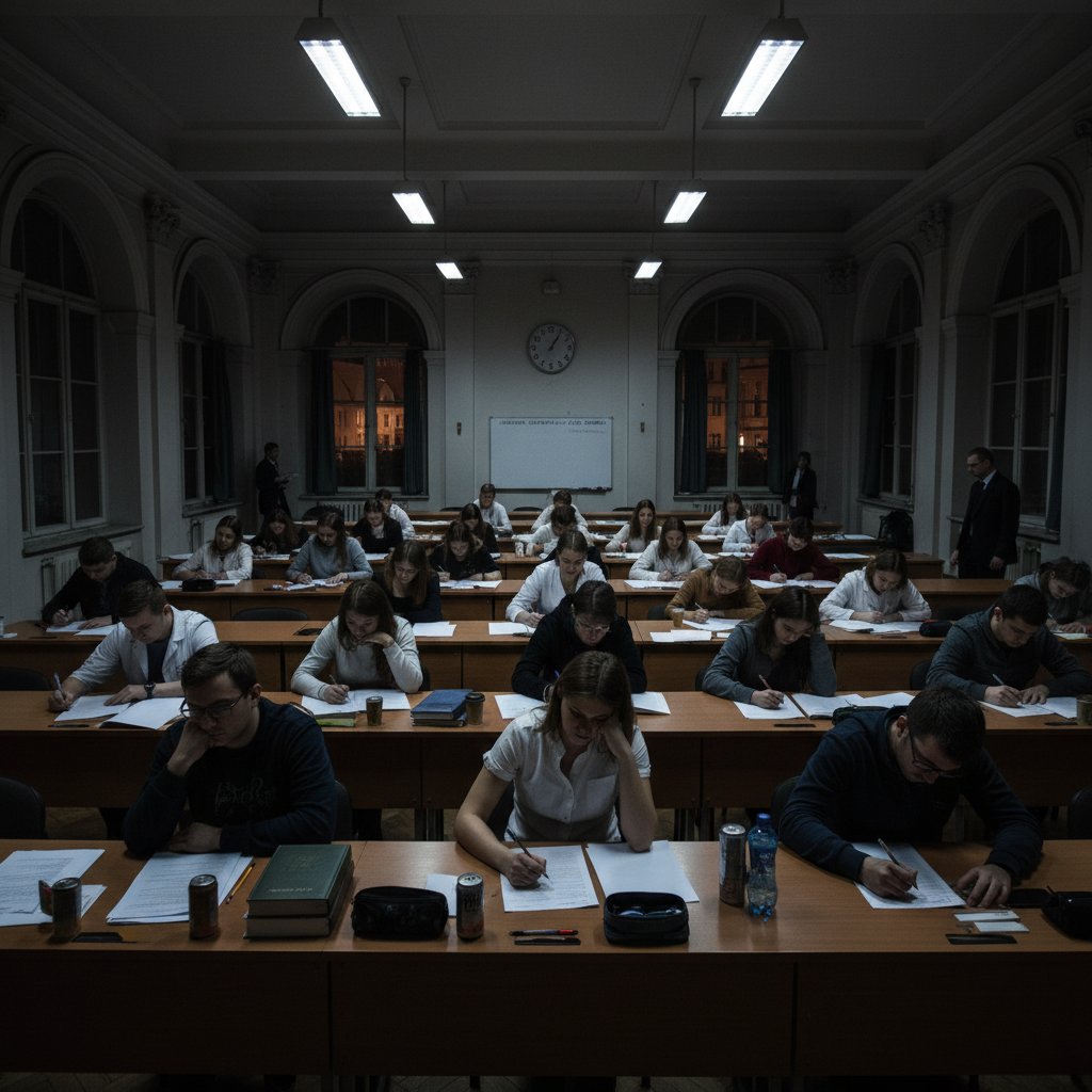 Studenci podczas egzaminu LEP w napiętej atmosferze sali egzaminacyjnej