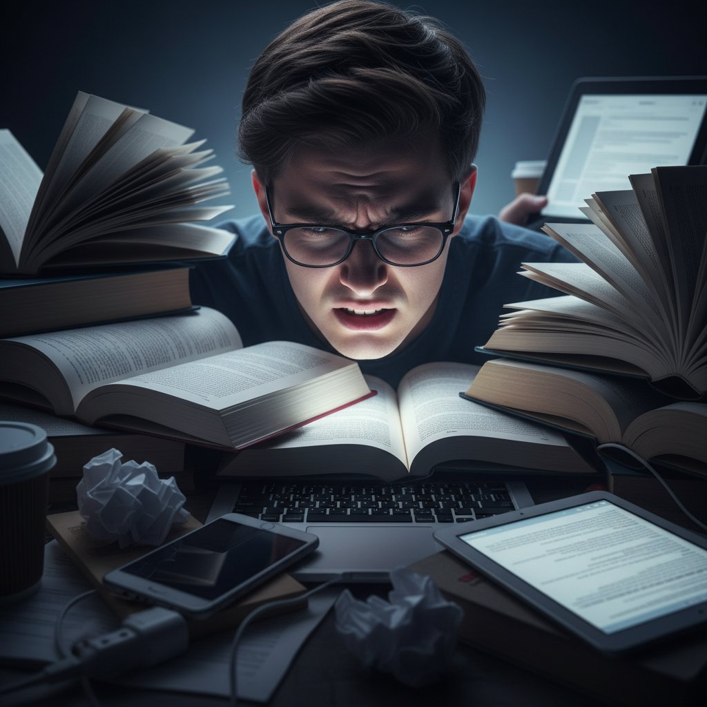 Zestresowany uczeń otoczony książkami i elektroniką podczas nauki, presja społeczna i lęk w edukacji