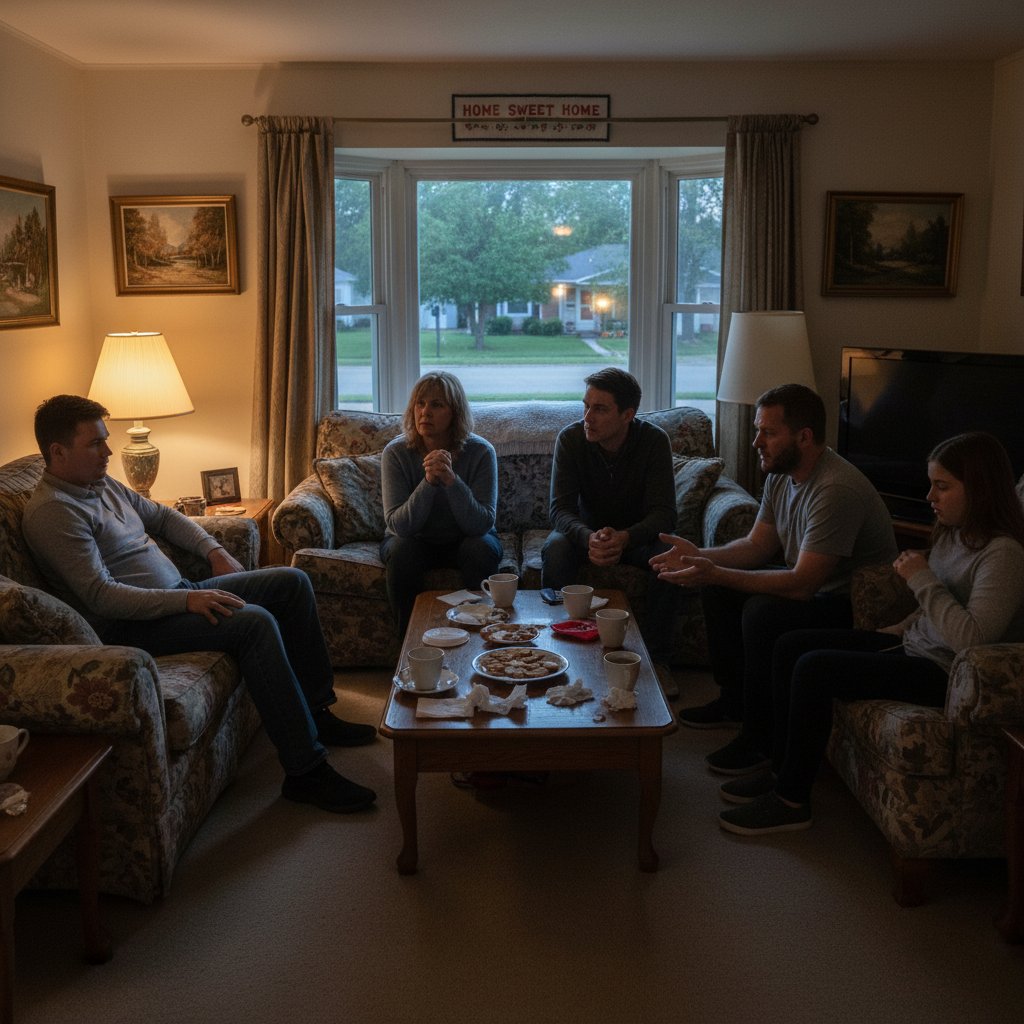 Cinematic photo of a tense family gathering in a small town living room, dusk light, emotional stakes