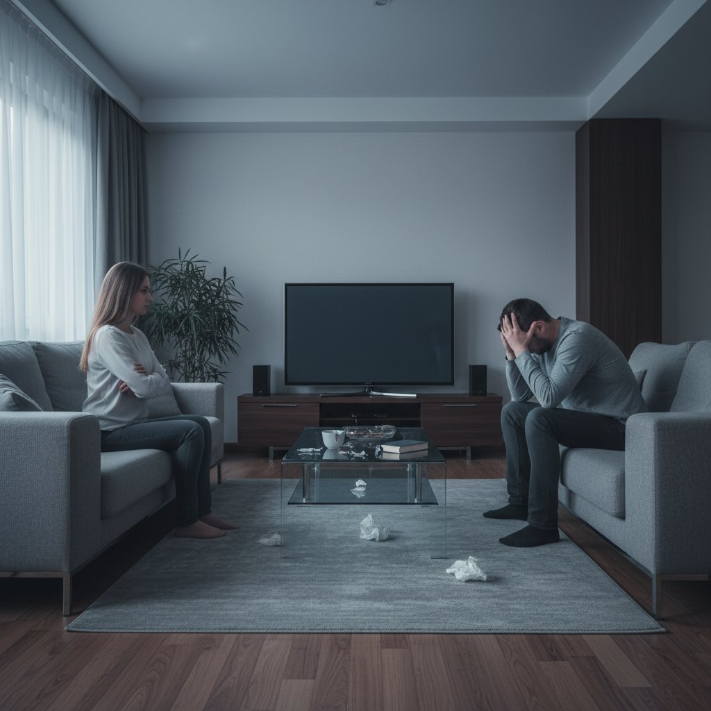 Overhead shot of a tense living room, two people sitting far apart, communication breakdown in relationships