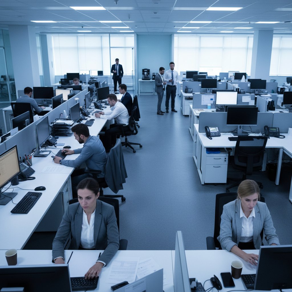 Napięta atmosfera w polskim biurze, koledzy unikają kontaktu wzrokowego, zimne światło, biuro open space