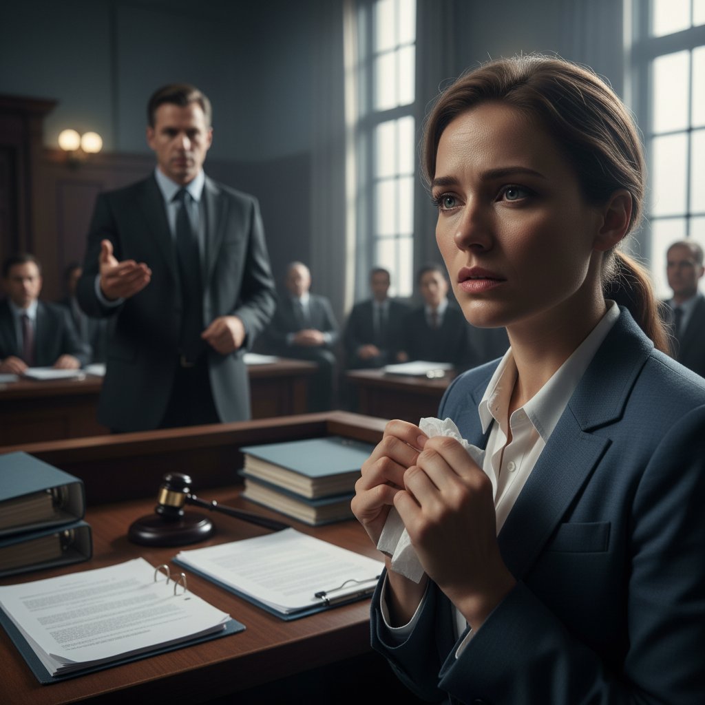 Tense courtroom witness in legal thriller