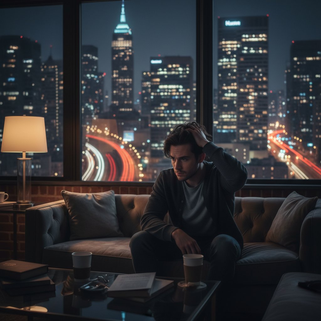 Osoba siedząca spięta na łóżku w ciemnym mieszkaniu z widokiem na miasto, symbolizująca stres i napięcie
