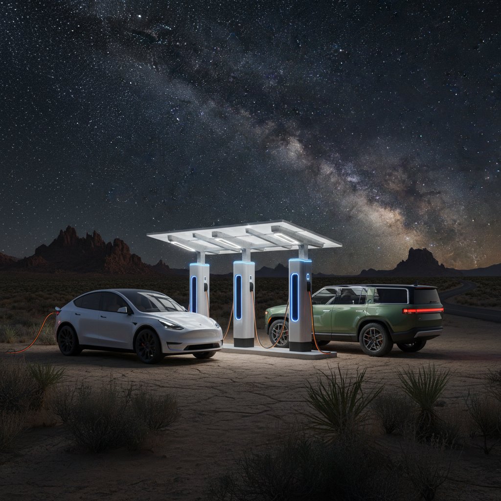 Gritty photo of Tesla and Rivian at a remote night-time charging station