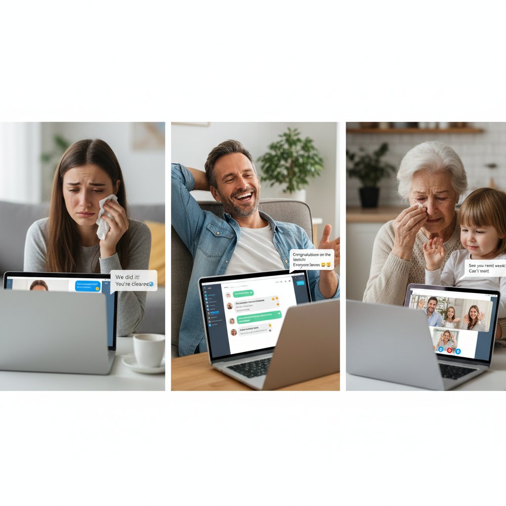 Erfahrungsberichte, drei verschiedene Menschen in emotionalen Situationen, Laptop mit Chatfenster