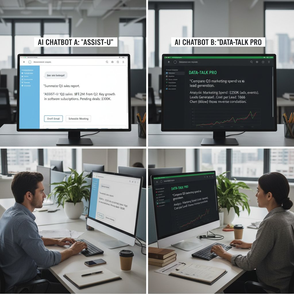 Osoby testujące różne chatboty AI w środowisku biurowym, porównanie narzędzi