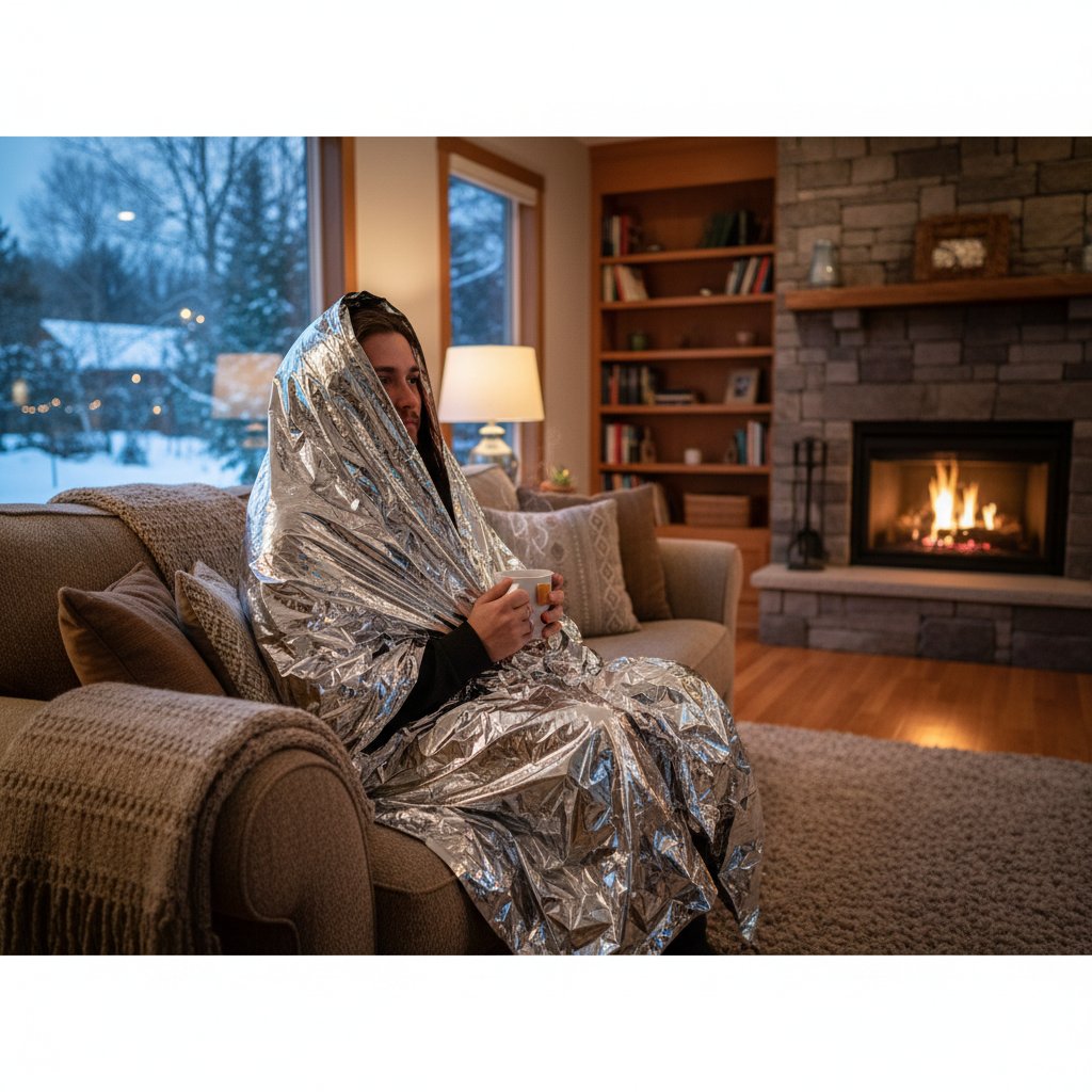 Osoba testująca rozłożenie koca termicznego w domu