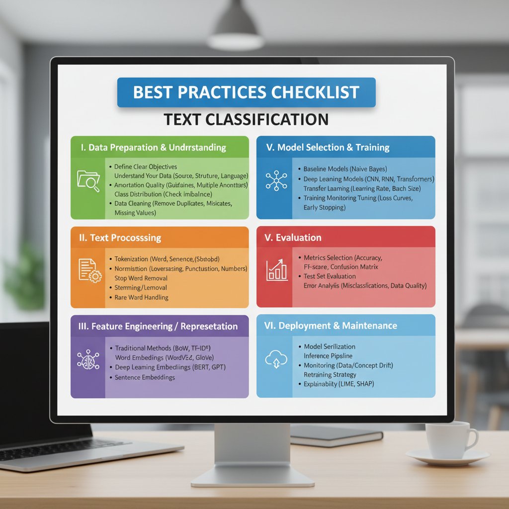 Illustrated checklist for text classification best practices, showing a professional team reviewing a digital blueprint