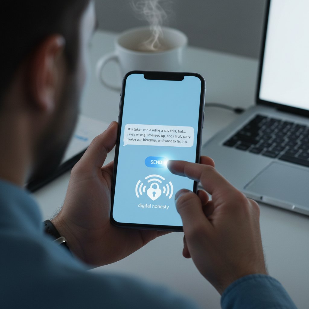 Smartphone screen showing a difficult message draft. Alt text: Texting an emotionally honest message, highlighting digital honesty challenges.