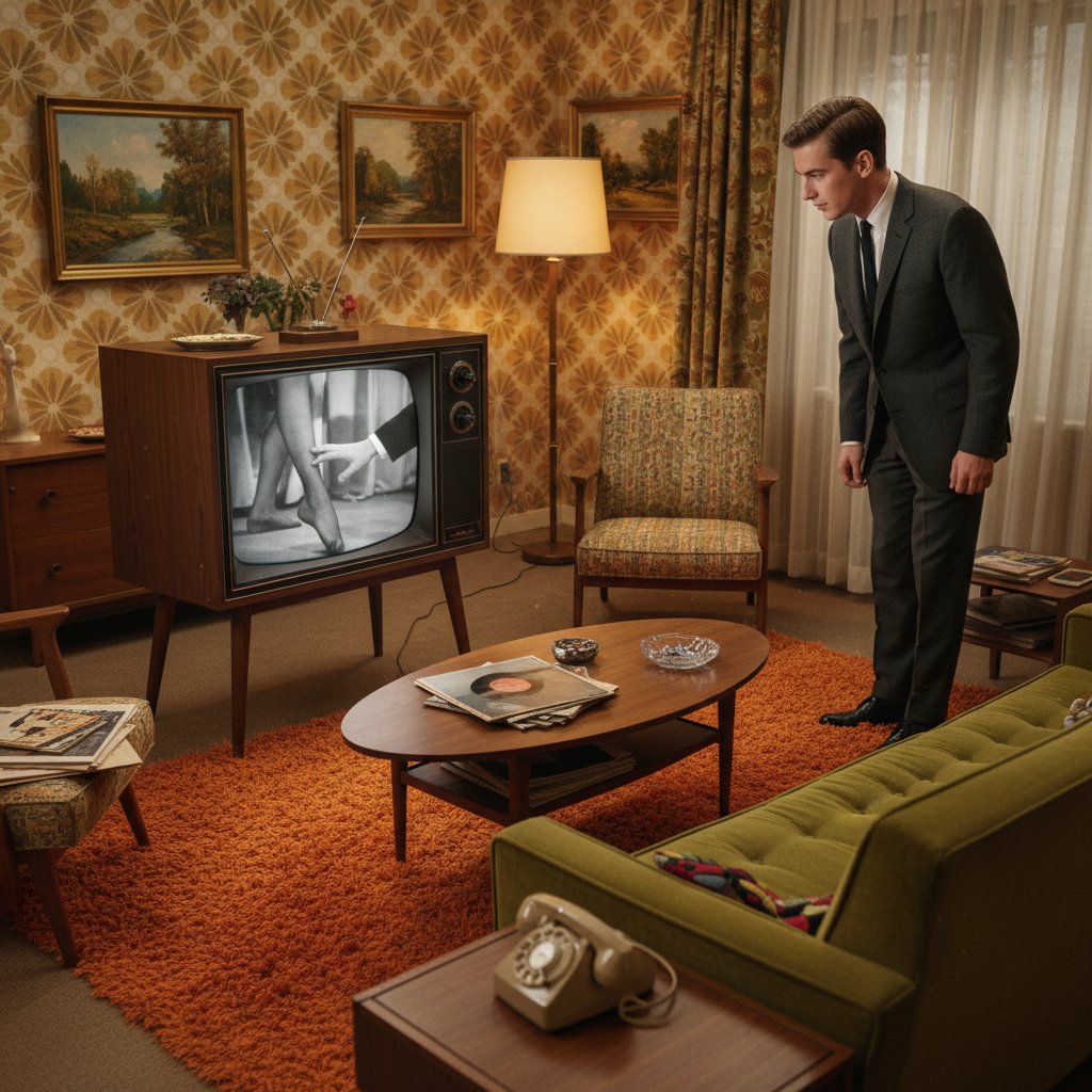 Retro TV playing The Graduate in a nostalgic living room, symbolic midlife crisis movies nostalgia