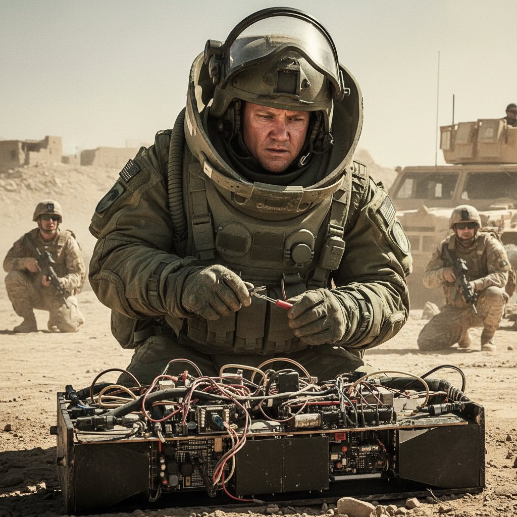 On set of The Hurt Locker, Renner in bomb suit, suspenseful, desert, 16:9