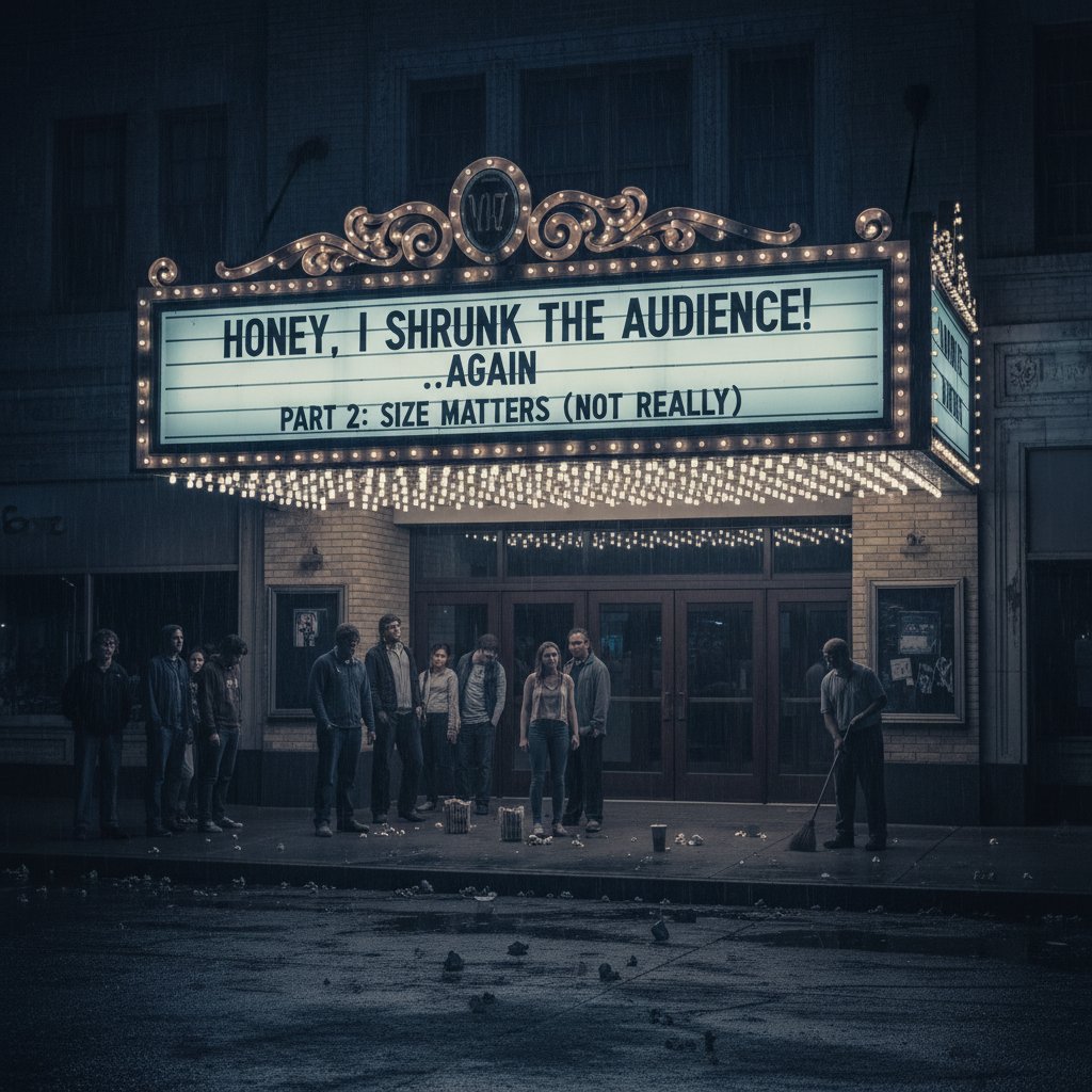 Moody theater marquee showing a fictional comedy sequel, capturing the disappointment of franchise failures