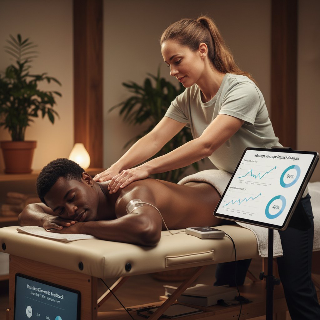 Statystyki skuteczności masażu leczniczego, terapeuta analizuje wyniki na tablecie z pacjentem