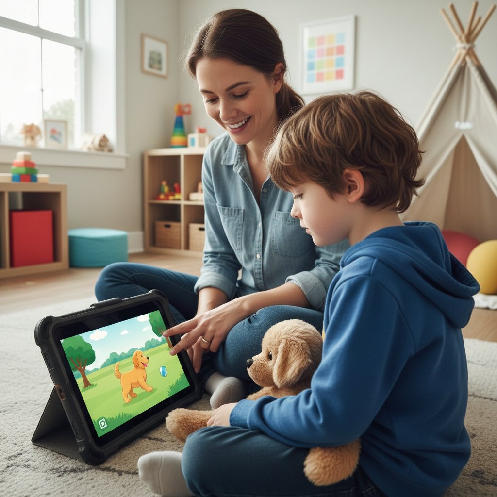 Terapeuta pracujący z dzieckiem autystycznym za pomocą symulatora hodowli psów na tablecie