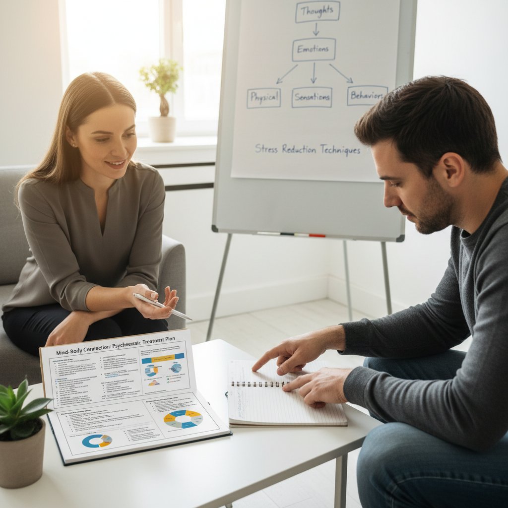 Terapeuta prowadzi sesję CBT z pacjentką, notatnik, spokojna atmosfera