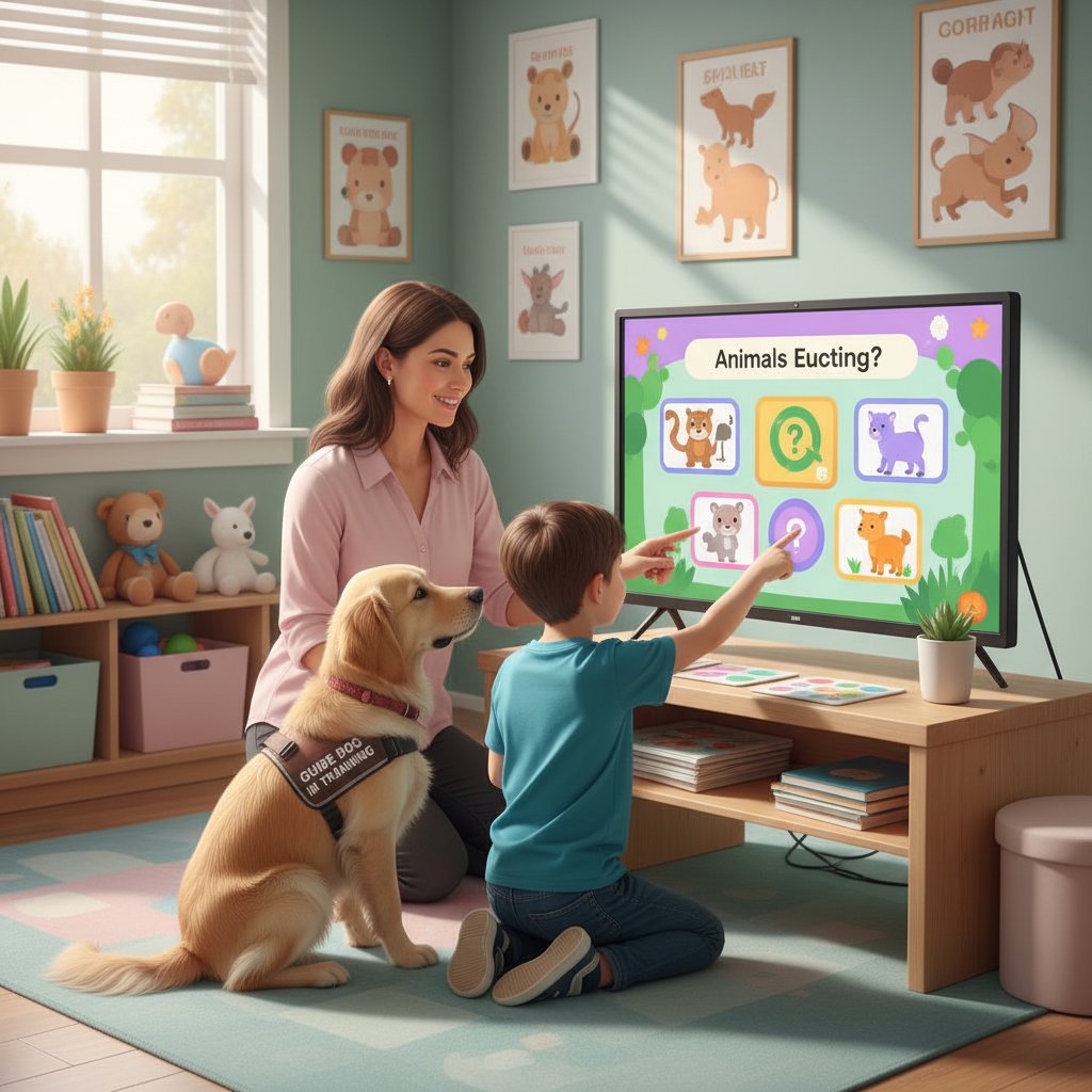 Terapeuta i dziecko korzystający z edukacyjnej gry o zwierzętach w gabinecie