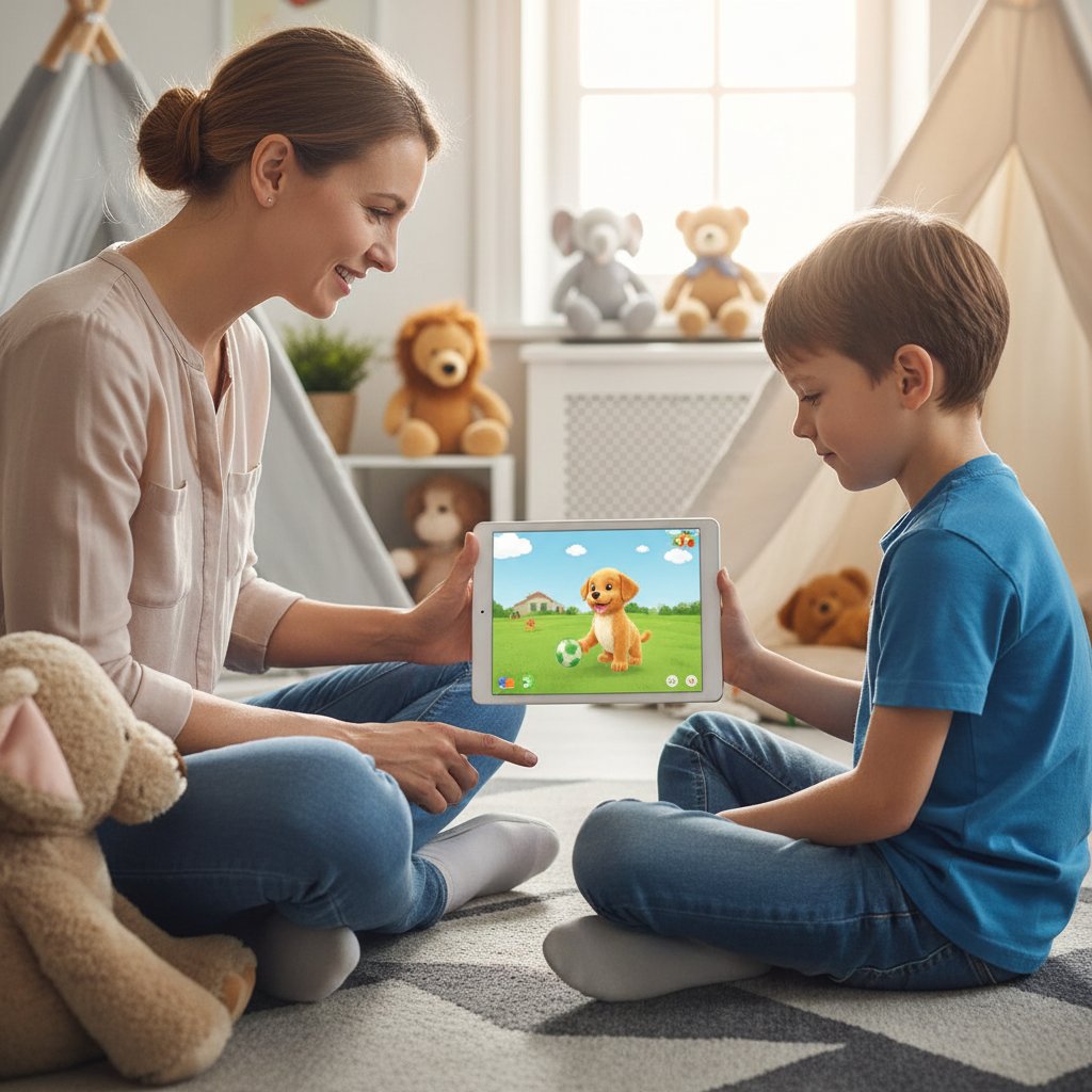 Terapeuta pracujący z dzieckiem przy użyciu tabletu i symulatora zwierząt podczas zajęć terapeutycznych
