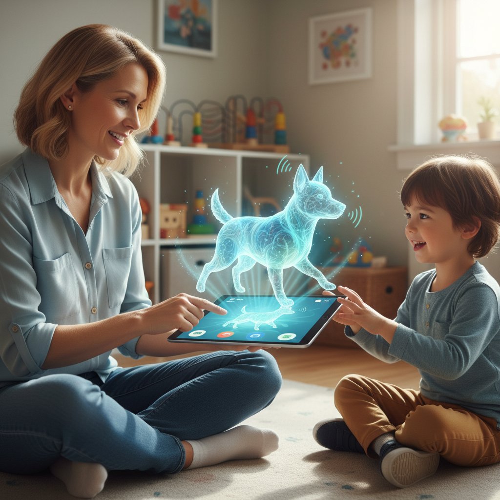 Therapeut arbeitet mit Kind und virtuellem Hund am Tablet, unkonventionelle Nutzung