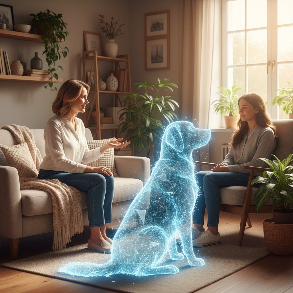 Terapeuta i pacjent korzystający z wirtualnego psa podczas sesji