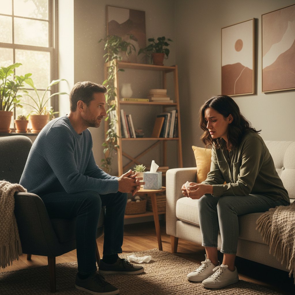 Terapeuta rozmawiający z pacjentem podczas sesji