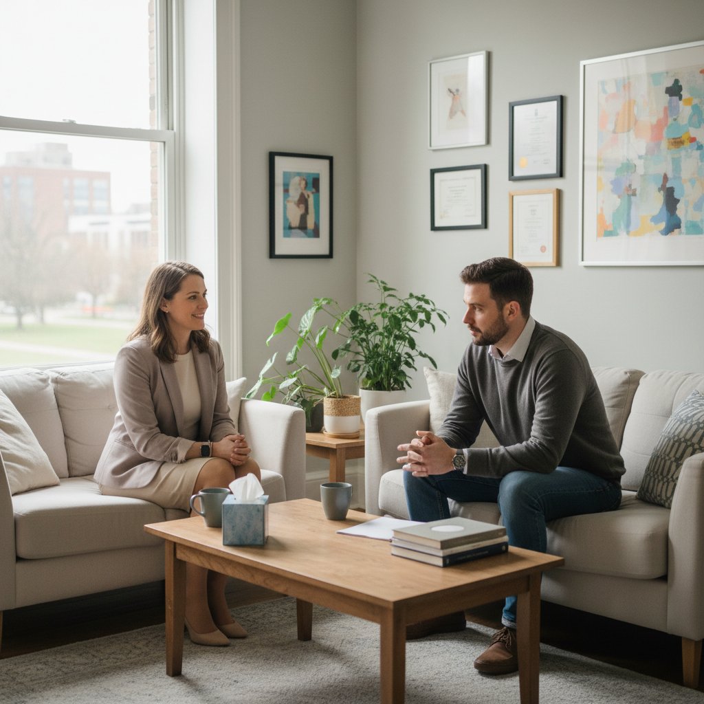 Terapeuta i pacjent podczas sesji, symbolizujący proces psychoterapii perfekcjonizmu