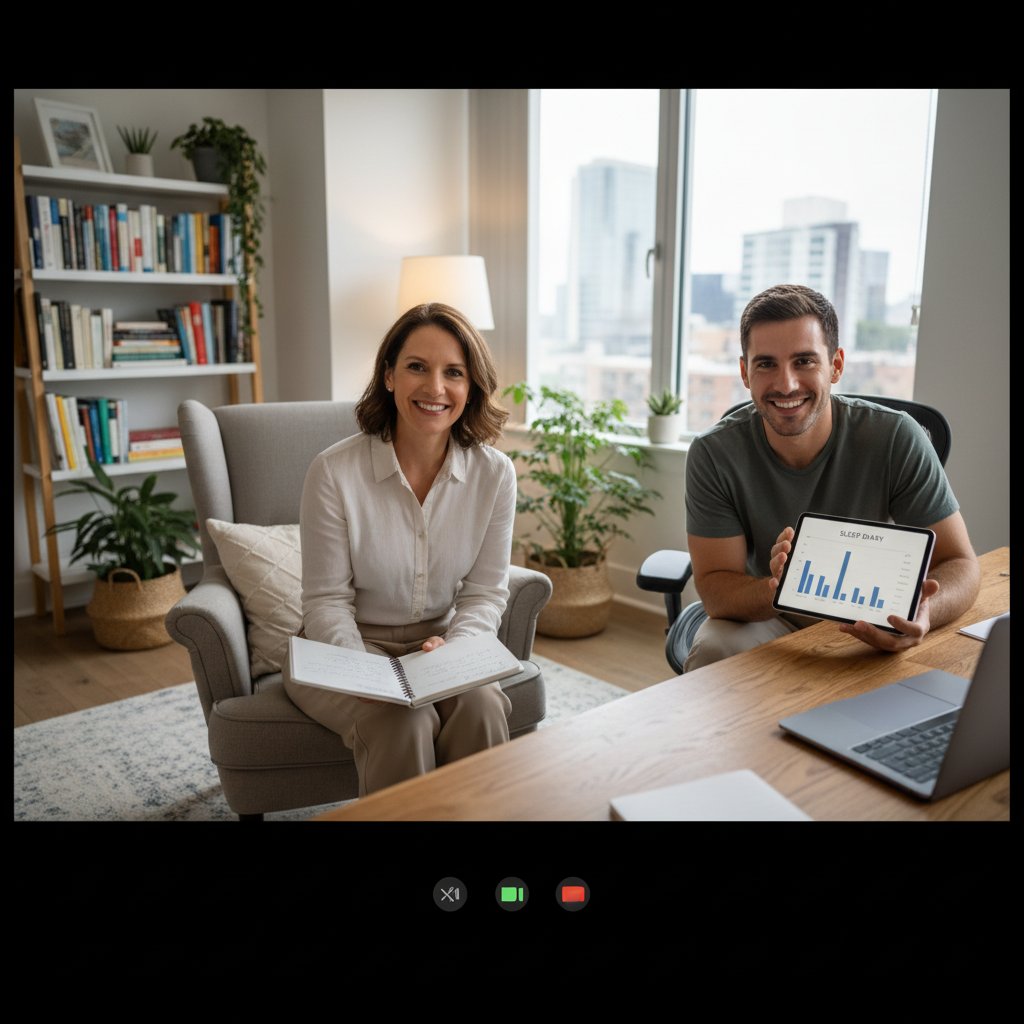 Terapeutka w trakcie rozmowy z pacjentem przez komputer, notuje, profesjonalne otoczenie domowe, dziennik snu na biurku