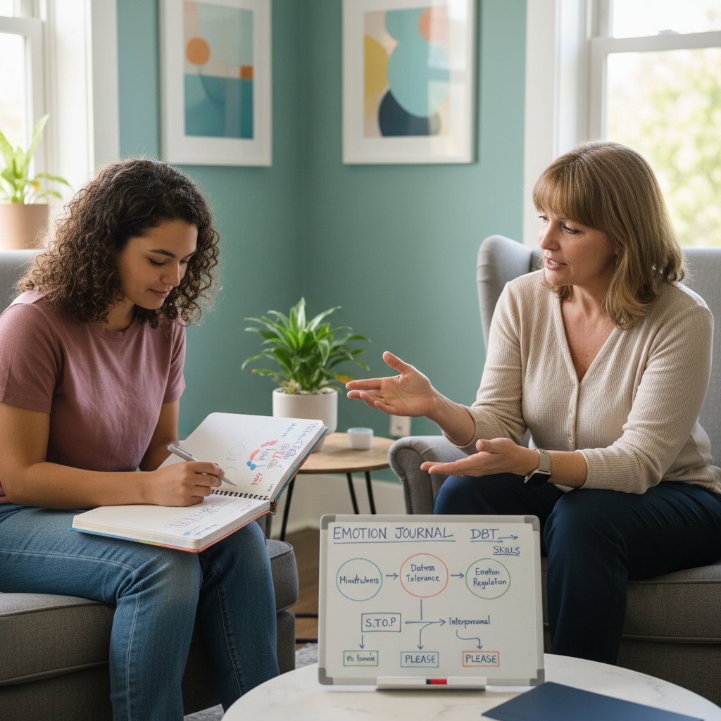 Terapeuta prowadzący sesję DBT z osobą, wspólne omawianie dziennika emocji i strategii