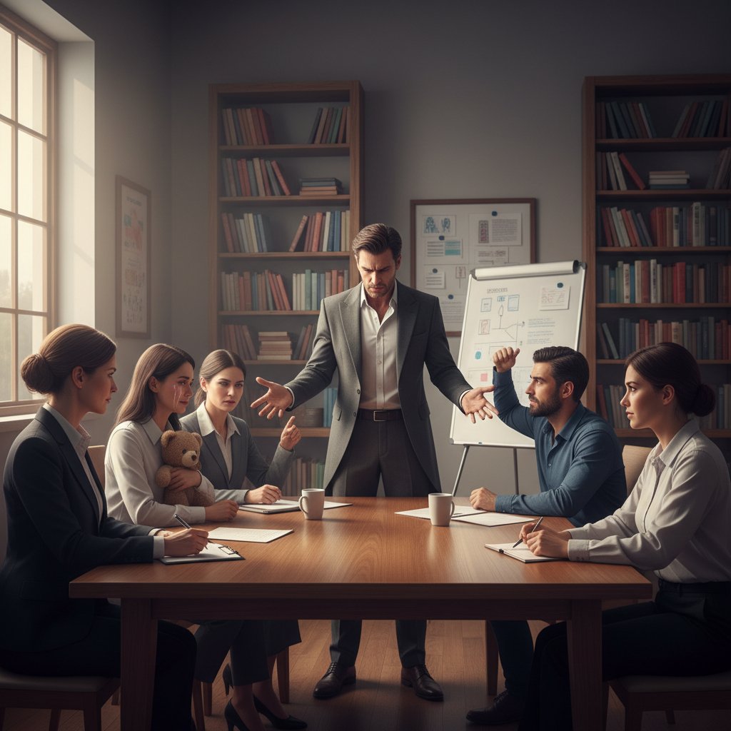 Terapeuta podczas sesji psychodramy, wskazujący na protagonistę, reszta grupy w skupieniu – role w psychodramie