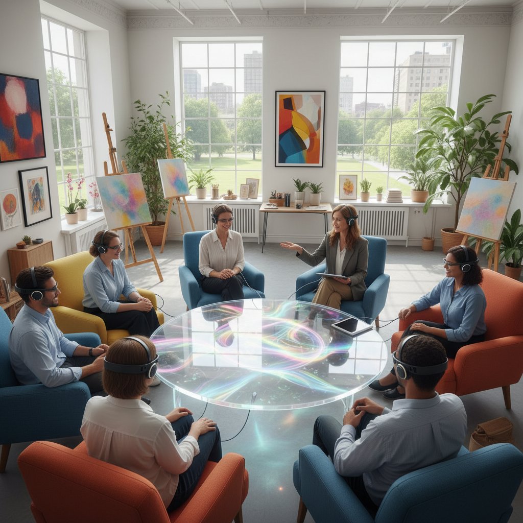 Terapeuta i grupa osób uczestnicząca w symulacji kreatywności w jasnej sali